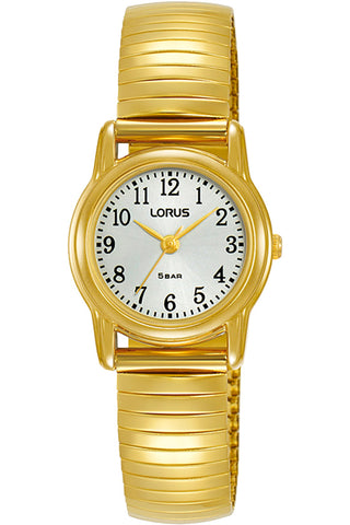 Front view of Lorus Lady RRX34HX9 Grey Dial Gold Stainless Steel Womens Watch on white background