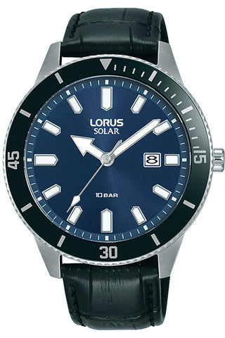 Front view of Lorus Solar RX317AX9 Blue Dial Black Leather Mens Watch on white background