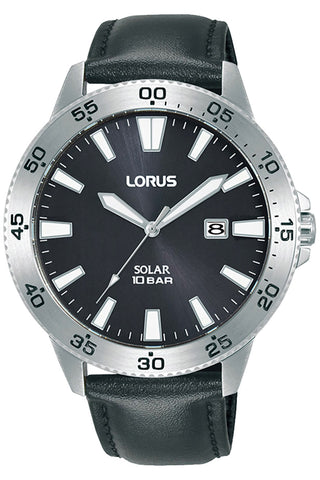 Front view of Lorus Solar RX347AX9 Black Leather Mens Watch on white background