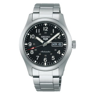 Front view of Seiko 5 Sports SRPG27K1 Black Dial Steel Stainless Steel Mens Watch on white background