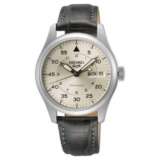 Front view of Seiko 5 Sports SRPJ87K1 Beige Dial Black Leather Mens Watch on white background