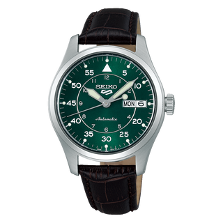 Front view of Seiko 5 Sports SRPJ89K1 Green Dial Brown Leather Mens Watch on white background