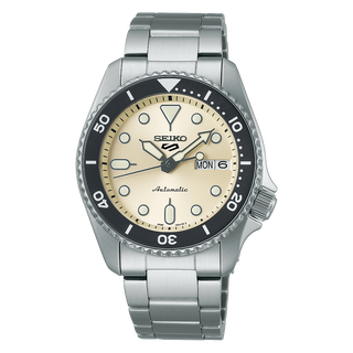 Front view of Seiko 5 Sports SRPK31K1 Beige Dial Steel Stainless Steel Mens Watch on white background