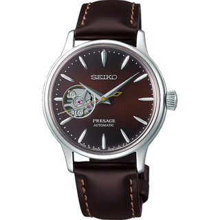 Angle shot of Seiko Automatic Cocktail Time SSA783J1 Leather Mens Watch on white background