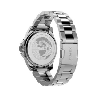 Angle shot of Timex Essex Avenue TW2U14700 Black Dial Grey Stainless Steel Mens Watch on white background