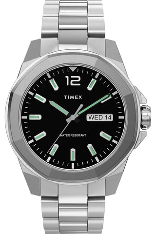 Front view of Timex Essex Avenue TW2U14700 Black Dial Grey Stainless Steel Mens Watch on white background