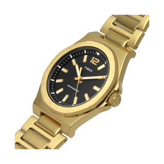 Angle shot of Timex Essex Avenue TW2V02100 Black Dial Gold Stainless Steel Unisex Watch on white background