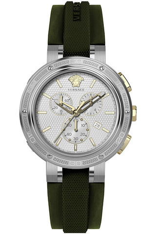 Front view of Versace Chronograph VE2H00121 Grey Dial Black Silicon Mens Watch on white background