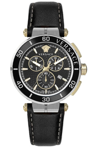 Front view of Versace Chronograph VE3L00222 Black Leather Mens Watch on white background