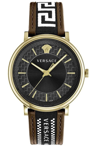 Front view of Versace VE5A01721 Black Dial Brown Leather Mens Watch on white background