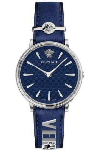 Front view of Versace VE8104222 Blue Leather Womens Watch on white background