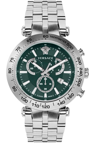 Front view of Versace Chronograph VEJB00522 Green Dial Grey Stainless Steel Mens Watch on white background