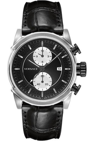 Front view of Versace Chronograph VEV400119 Grey Dial Black Leather Mens Watch on white background