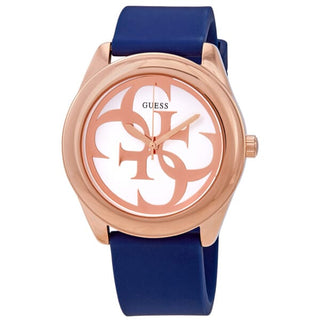 Front view of Guess G Twist W0911L6 Rose Gold Dial Blue Silicone Womens Watch on white background