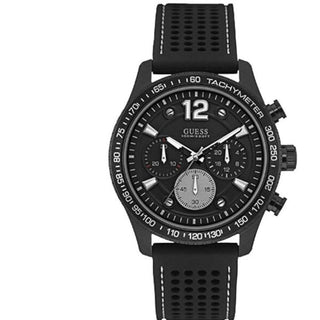 Front view of Guess Fleet Chronograph W0971G1 Black Plastic Mens Watch on white background