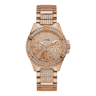 Front view of Guess Frontier Diamonds W1156L3 Rose Gold Stainless Steel Womens Watch on white background