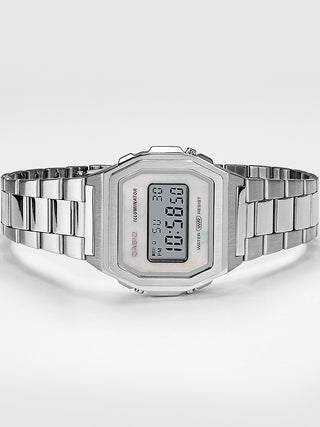 Angle shot of Casio Vintage Premium Collection Steel Bracelet Mop Dial A1000D-7EF Mother Of Pearl Dial Silver Stainless Steel Unisex Watch on white background