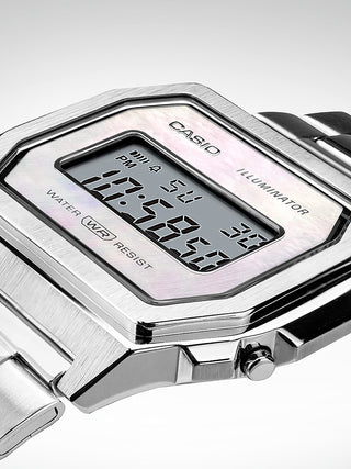 Angle shot of Casio Vintage Premium Collection Steel Bracelet Mop Dial A1000D-7EF Mother Of Pearl Dial Silver Stainless Steel Unisex Watch on white background