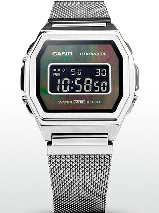 Angle shot of Casio Vintage Premium Collection Silver Mesh Mop Dial A1000M-1BEF Black Dial Silver Stainless Steel Unisex Watch on white background