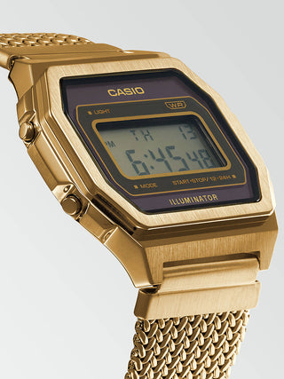 Angle shot of Casio Vintage Premium Collection Gold Mesh Brown Dial A1000MGA-5EF Grey Dial Gold Stainless Steel Unisex Watch on white background