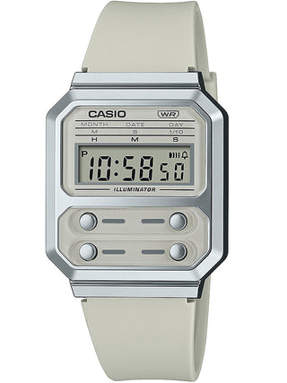 Front view of Casio Retro Vintage A100WEF-8AEF Grey Dial Beige Rubber Unisex Watch on white background