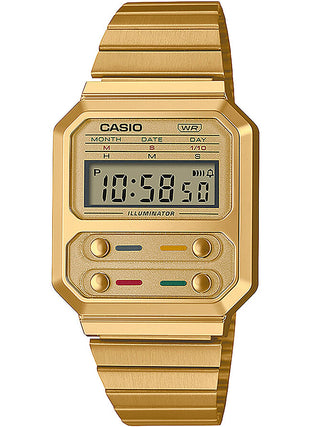 Front view of Casio Retro Vintage A100WEG-9AEF Gold Stainless Steel Unisex Watch on white background