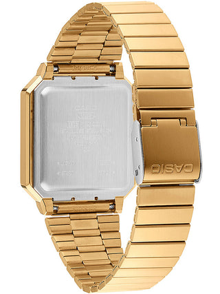 Angle shot of Casio Retro Vintage A100WEG-9AEF Gold Stainless Steel Unisex Watch on white background