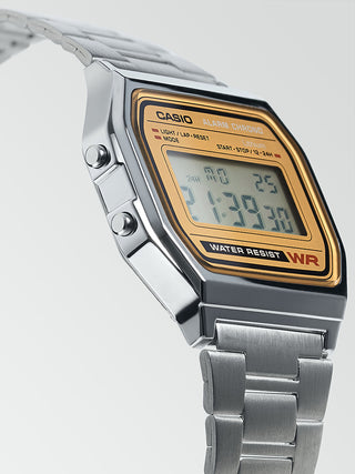 Angle shot of Casio Retro Vintage A158WEA-9EF Gold Dial Grey Stainless Steel Unisex Watch on white background