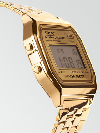 Angle shot of Casio Retro Vintage A158WETG-9AEF Gold Stainless Steel Unisex Watch on white background