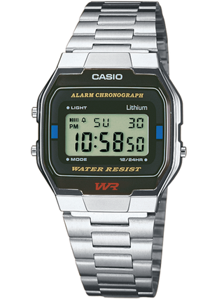 Front view of Casio Vintage A163WA-1QES Black Dial Silver Stainless Steel Unisex Watch on white background