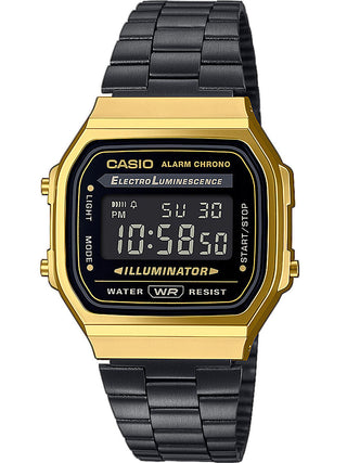 Front view of Casio Retro Vintage A168WEGB-1BEF Black Stainless Steel Unisex Watch on white background