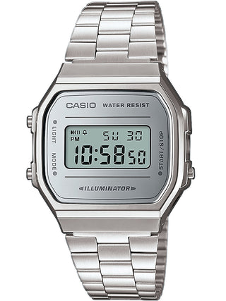 Front view of Casio Retro Vintage A168WEM-7EF Grey Stainless Steel Unisex Watch on white background