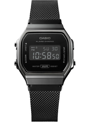 Angle shot of Casio Iconic All Black Mesh A168WEMB-1BEF Black Dial Grey Stainless Steel Unisex Watch on white background