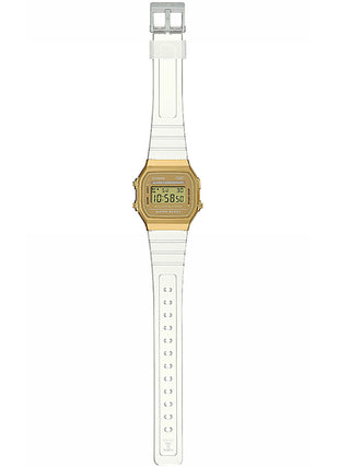 Angle shot of Casio Iconic Gold Jelly A168XESG-9AEF Gold Dial Resin Unisex Watch on white background