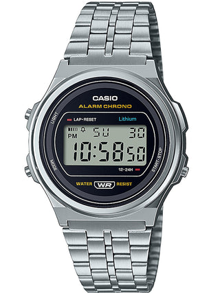 Front view of Casio Retro Vintage A171WE-1AEF Black Dial Grey Stainless Steel Unisex Watch on white background