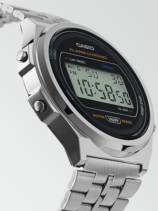 Angle shot of Casio Retro Vintage A171WE-1AEF Black Dial Grey Stainless Steel Unisex Watch on white background