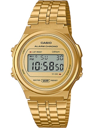 Front view of Casio Retro Vintage A171WEG-9AEF Gold Stainless Steel Unisex Watch on white background