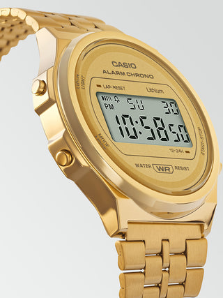 Angle shot of Casio Retro Vintage A171WEG-9AEF Gold Stainless Steel Unisex Watch on white background