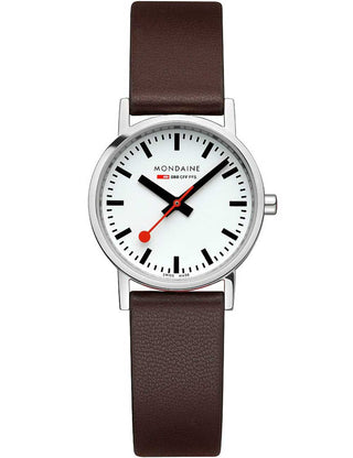 Angle shot of Mondaine A658.30323.11SBGV White Dial Brown Leather Womens Watch on white background