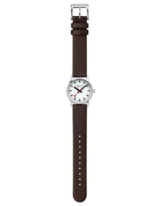 Angle shot of Mondaine A658.30323.11SBGV White Dial Brown Leather Womens Watch on white background