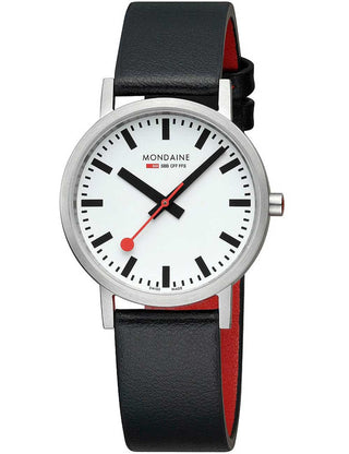 Front view of Mondaine A660.30314.16SBBV White Dial Black Leather Unisex Watch on white background