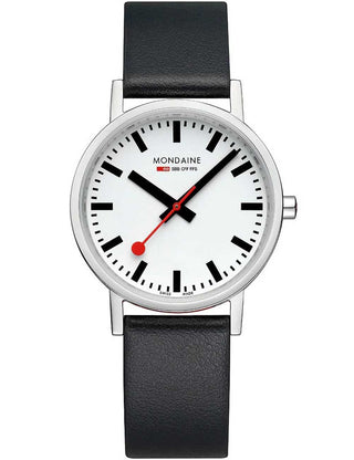 Angle shot of Mondaine A660.30314.16SBBV White Dial Black Leather Unisex Watch on white background