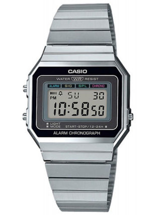 Front view of Casio Retro Vintage Chronograph A700WE-1AEF Black Dial Grey Stainless Steel Unisex Watch on white background