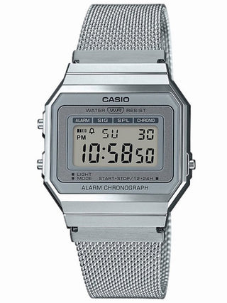 Front view of Casio Retro Vintage Chronograph A700WEM-7AEF Grey Stainless Steel Unisex Watch on white background