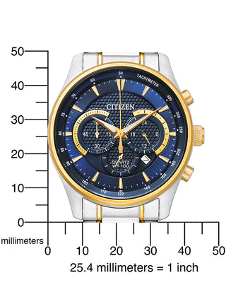 Angle shot of Citizen Quartz Bluetooth Chronograph AN8194-51L Blue Dial Gold Stainless Steel Mens Watch on white background