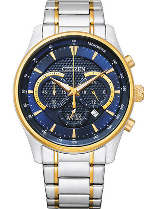 Front view of Citizen Quartz Bluetooth Chronograph AN8194-51L Blue Dial Gold Stainless Steel Mens Watch on white background