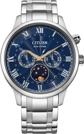 Front view of Citizen Eco-Drive Moon Phase Chronograph AP1050-81L Blue Dial Steel Stainless Steel Mens Watch on white background