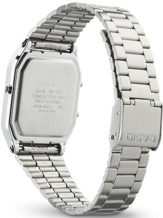 Angle shot of Casio Edgy Collection White AQ-230A-7DMQYES White Dial Silver Stainless Steel Unisex Watch on white background