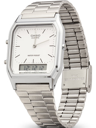 Angle shot of Casio Edgy Collection White AQ-230A-7DMQYES White Dial Silver Stainless Steel Unisex Watch on white background