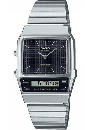 Front view of Casio Retro Vintage AQ-800E-1AEF Black Dial Grey Stainless Steel Unisex Watch on white background